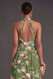 Dark Green Floral A Line Halter Neck Midi Wedding Guest Dress