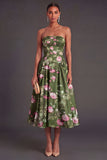 Strapless Floral Dark Green A Line Midi Summer Wedding Guest Dress