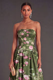 Strapless Floral Dark Green A Line Midi Summer Wedding Guest Dress
