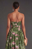 Strapless Floral Dark Green A Line Midi Summer Wedding Guest Dress