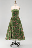 Strapless Floral Dark Green A Line Midi Summer Wedding Guest Dress