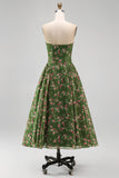 Strapless Floral Dark Green A Line Midi Summer Wedding Guest Dress