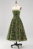 Strapless Floral Dark Green A Line Midi Summer Wedding Guest Dress
