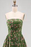 Strapless Floral Dark Green A Line Midi Summer Wedding Guest Dress