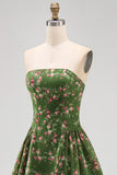 Strapless Floral Dark Green A Line Midi Summer Wedding Guest Dress