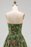 Strapless Floral Dark Green A Line Midi Summer Wedding Guest Dress