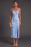 Blue Sheath Floral Long Summer Wedding Guest Dress with Slit