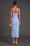 Blue Sheath Floral Long Summer Wedding Guest Dress with Slit
