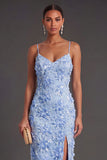 Blue Sheath Floral Long Summer Wedding Guest Dress with Slit