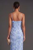 Blue Sheath Floral Long Summer Wedding Guest Dress with Slit