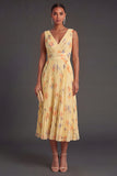 Pleated A Line Yellow Floral Long Summer Wedding Guest Dress