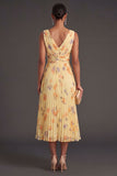 Pleated A Line Yellow Floral Long Summer Wedding Guest Dress