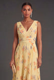 Pleated A Line Yellow Floral Long Summer Wedding Guest Dress