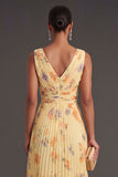 Pleated A Line Yellow Floral Long Summer Wedding Guest Dress