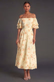 Yellow Floral A Line Flutter Sleeves Long Wedding Guest Dress