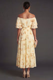 Yellow Floral A Line Flutter Sleeves Long Wedding Guest Dress