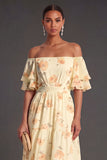 Yellow Floral A Line Flutter Sleeves Long Wedding Guest Dress