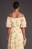 Yellow Floral A Line Flutter Sleeves Long Wedding Guest Dress