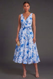 A Line Floral Green V Neck Midi Wedding Guest Dress with Bow