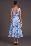 A Line Floral Green V Neck Midi Wedding Guest Dress with Bow
