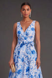 A Line Floral Green V Neck Midi Wedding Guest Dress with Bow