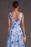 A Line Floral Green V Neck Midi Wedding Guest Dress with Bow