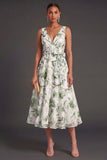 A Line Floral Green V Neck Midi Wedding Guest Dress with Bow