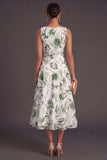 A Line Floral Green V Neck Midi Wedding Guest Dress with Bow