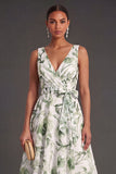 A Line Floral Green V Neck Midi Wedding Guest Dress with Bow