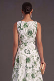 A Line Floral Green V Neck Midi Wedding Guest Dress with Bow