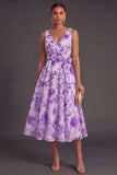 A Line Floral Green V Neck Midi Wedding Guest Dress with Bow