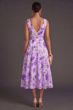 A Line Floral Green V Neck Midi Wedding Guest Dress with Bow