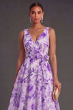 A Line Floral Green V Neck Midi Wedding Guest Dress with Bow