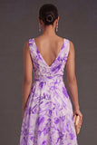 A Line Floral Green V Neck Midi Wedding Guest Dress with Bow