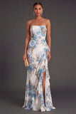 Pink Floral Mermaid Ruffled Long Wedding Guest Dress with Slit