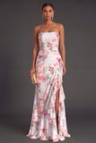Pink Floral Mermaid Ruffled Long Wedding Guest Dress with Slit