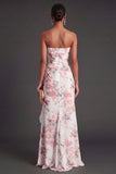 Pink Floral Mermaid Ruffled Long Wedding Guest Dress with Slit