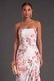 Pink Floral Mermaid Ruffled Long Wedding Guest Dress with Slit