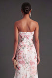 Pink Floral Mermaid Ruffled Long Wedding Guest Dress with Slit