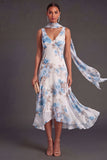 Purple Floral A Line V Neck Long Wedding Guest Dress with Neck Scarf