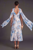 Purple Floral A Line V Neck Long Wedding Guest Dress with Neck Scarf