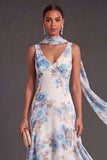 Purple Floral A Line V Neck Long Wedding Guest Dress with Neck Scarf