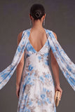 Purple Floral A Line V Neck Long Wedding Guest Dress with Neck Scarf