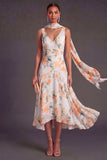 Purple Floral A Line V Neck Long Wedding Guest Dress with Neck Scarf
