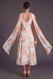 Purple Floral A Line V Neck Long Wedding Guest Dress with Neck Scarf