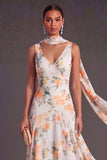 Purple Floral A Line V Neck Long Wedding Guest Dress with Neck Scarf