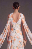 Purple Floral A Line V Neck Long Wedding Guest Dress with Neck Scarf