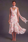 Purple Floral A Line V Neck Long Wedding Guest Dress with Neck Scarf