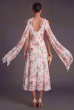Purple Floral A Line V Neck Long Wedding Guest Dress with Neck Scarf