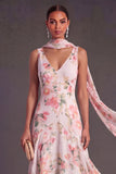 Purple Floral A Line V Neck Long Wedding Guest Dress with Neck Scarf